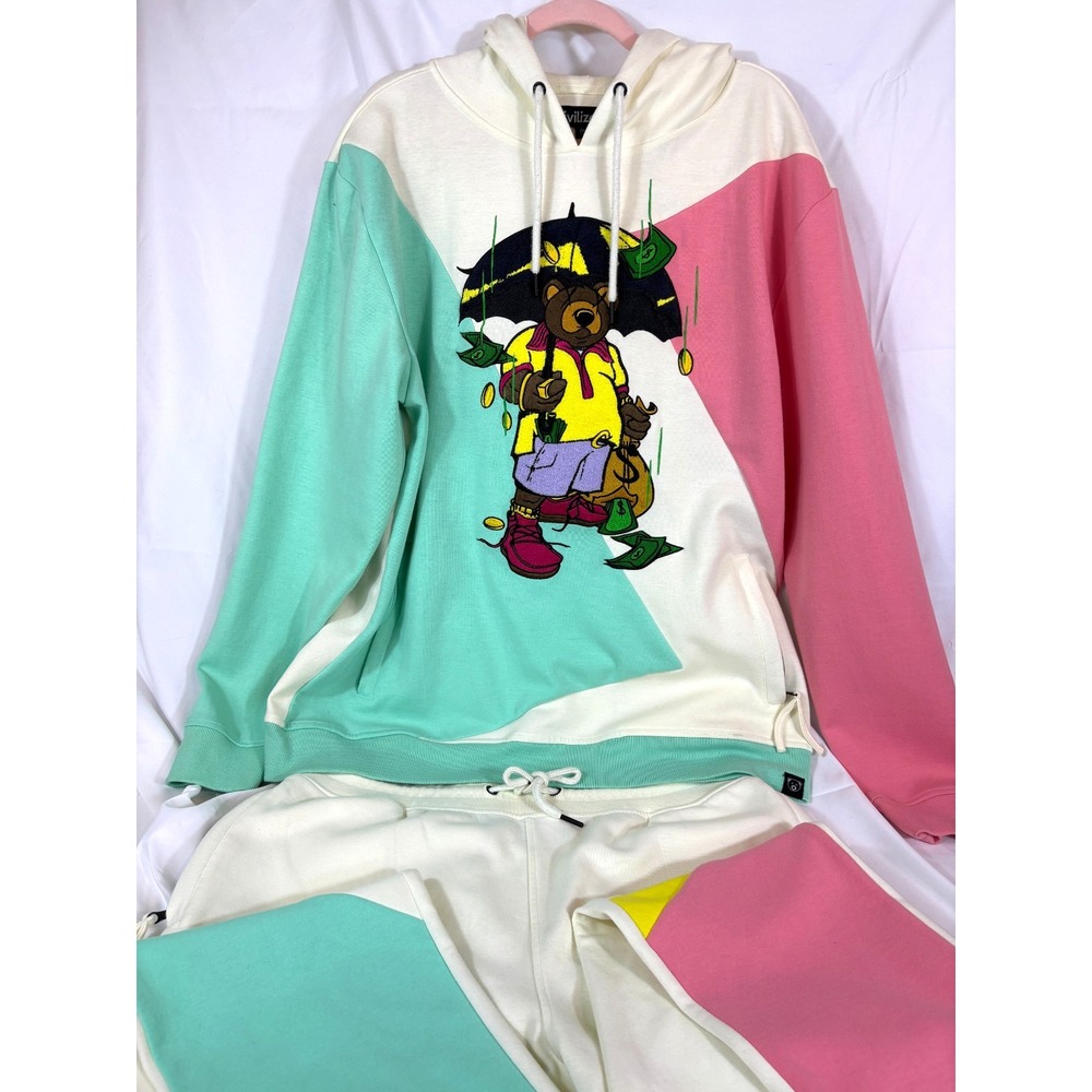CivilizeD Bear Hoodie Tracksuit Womens 2XL Raining Money Streetwear Y2K Ivory